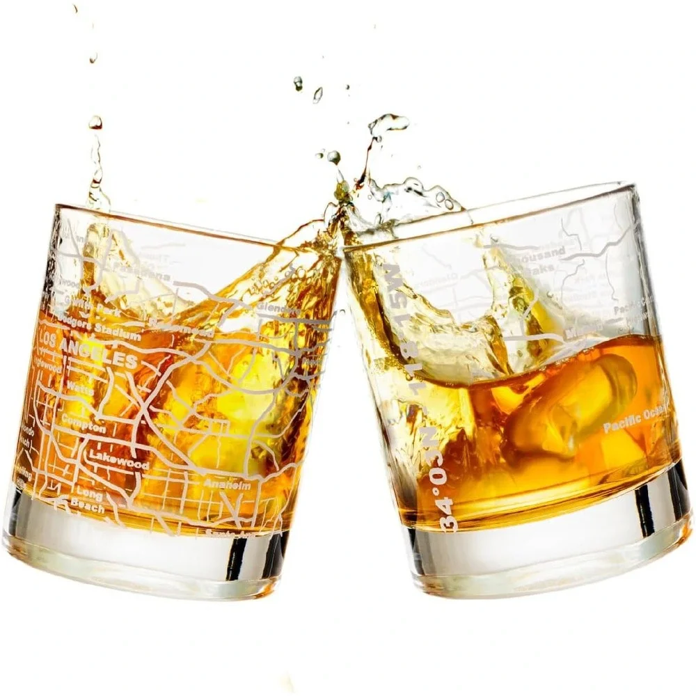 Cocktail Low Ball Glasses‎ Whiskey Tumblers Set Etched Los Angeles LA City Map